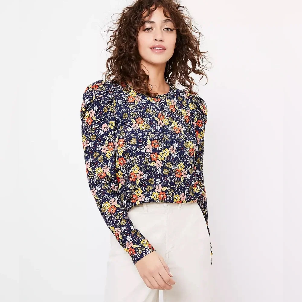 NWT Loft Floral Pleated Puff Sleeve Top Size Large Petite LP